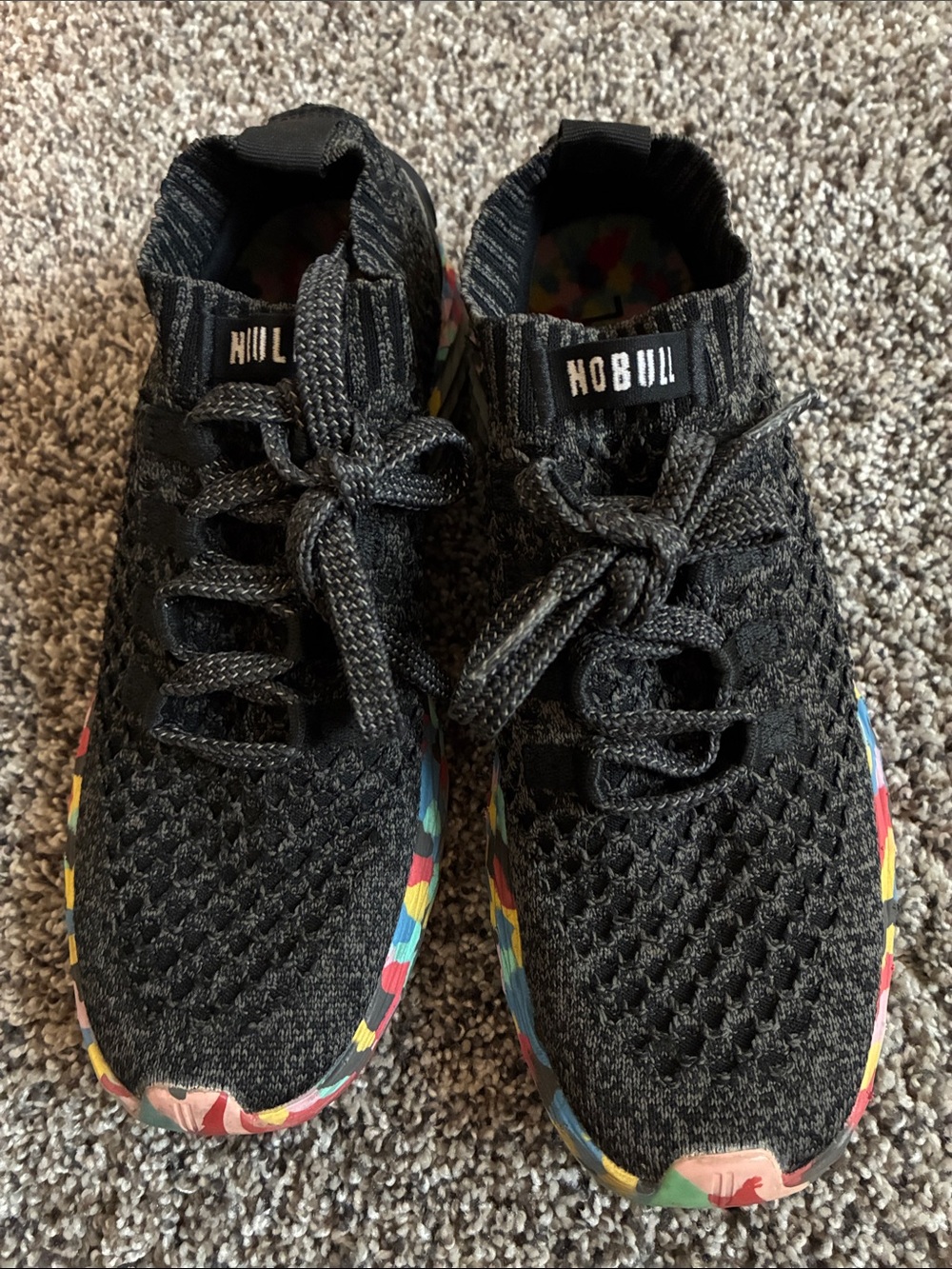 NOBULL Black Knit Sneakers with Multicolor Camo Sole